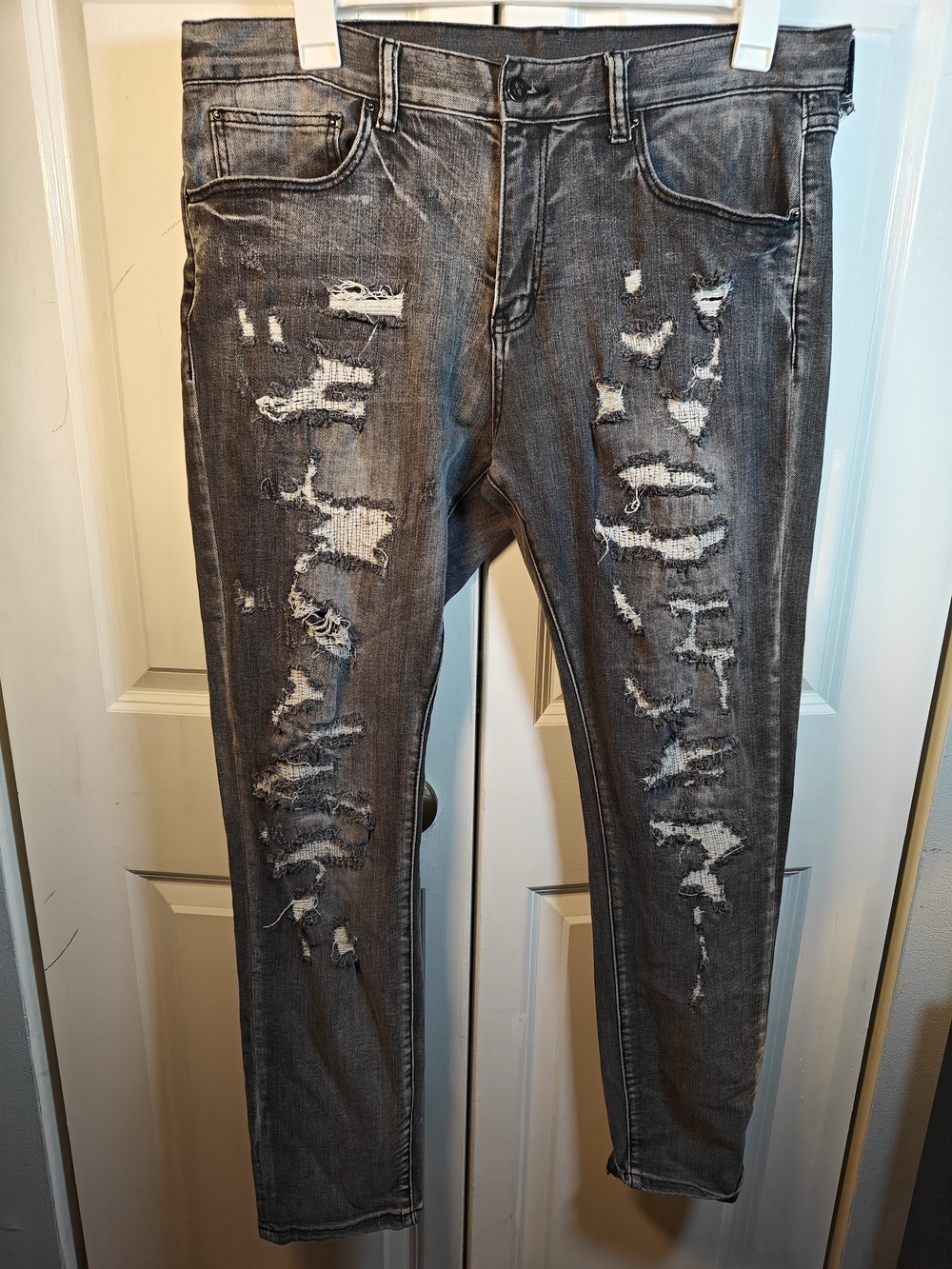 DOPE Mens 36x32 Slim Fit Distressed Ripped Biker Jeans Faded Washed Gray